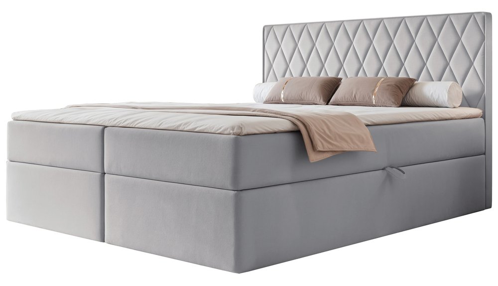 SELSEY Łóżko kontynentalne 180x200 cm Carenzo z materacem bonellowym i topperem gołębie welur hydrofobowy