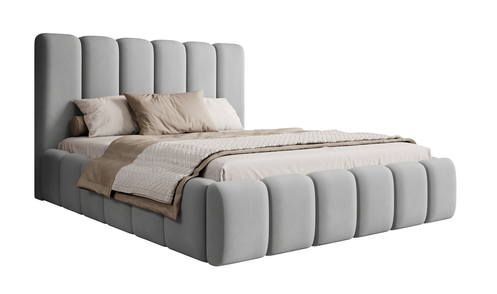 SELSEY Łóżko tapicerowane 140x200 cm Biscottino jasnoszare z pojemnikiem stelaż metalowy podnośnik gazowy