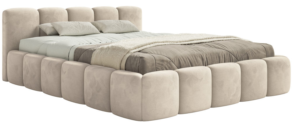 SELSEY Łóżko tapicerowane 180x200 cm Cloudy Low z pojemnikiem jasnobeżowe welur hydrofobowy łatwoczyszczący stelaż metalowy