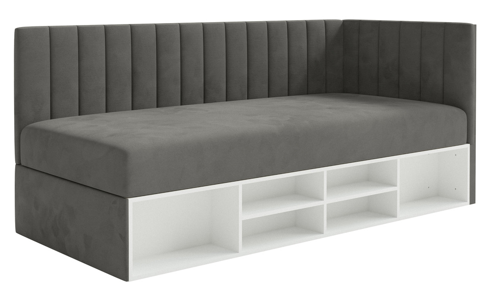 SELSEY Łóżko młodzieżowe 90x200 cm Ventrio prawostronne z pojemnikiem i półkami ciemnoszare welur hydrofobowy łatwoczyszczący