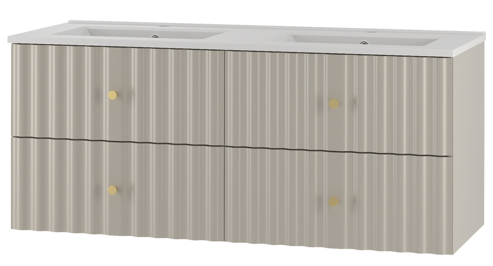 SELSEY Zestaw łazienkowy z dwiema szafkami i dwiema umywalkami Aqua 120 cm ryflowane fronty szary beż