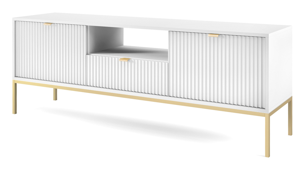 SELSEY Szafka RTV Vellore 154 cm biała z ryflowanymi frontami i złotym stelażem