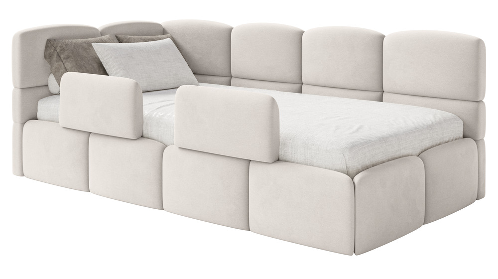 SELSEY Łóżko młodzieżowe 90x200 cm Cloudy lewostronne z materacem pojemnikiem i barierkami kremowe welur hydrofobowy łatwoczyszczący