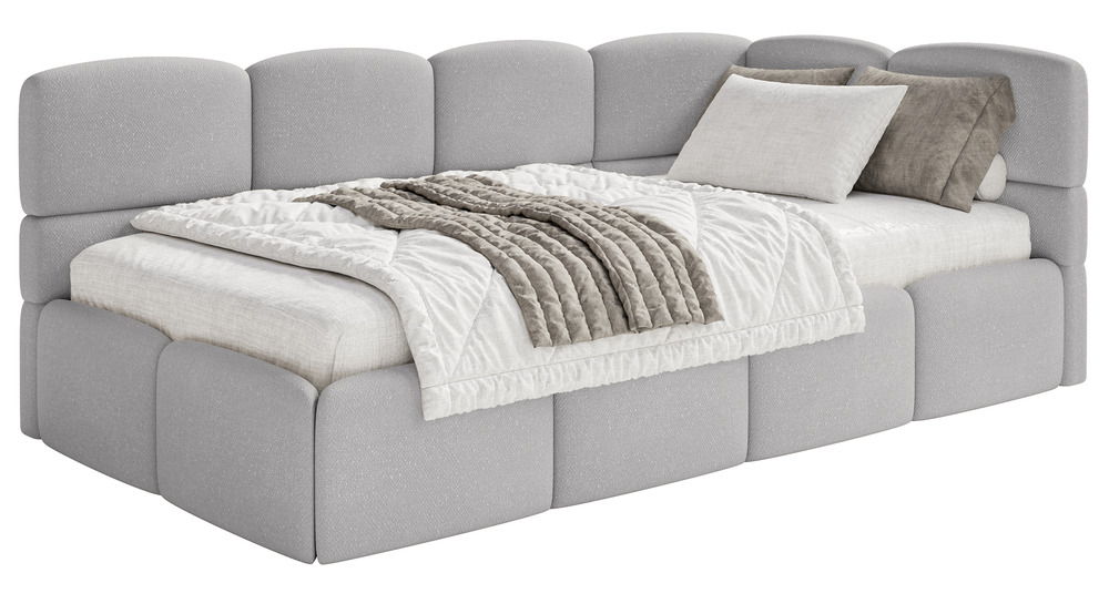 SELSEY Łóżko młodzieżowe 90x200 cm Cloudy prawostronne z pojemnikiem jasnoszare szenil