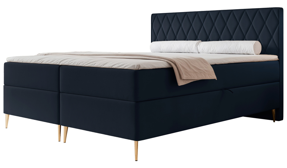 SELSEY Łóżko kontynentalne 160x200 cm Caresso z materacem bonellowym i topperem granatowe welur hydrofobowy