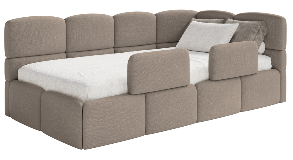 SELSEY Łóżko młodzieżowe 90x200 cm Cloudy prawostronne z materacem pojemnikiem i barierkami jasnobrązowe szenil