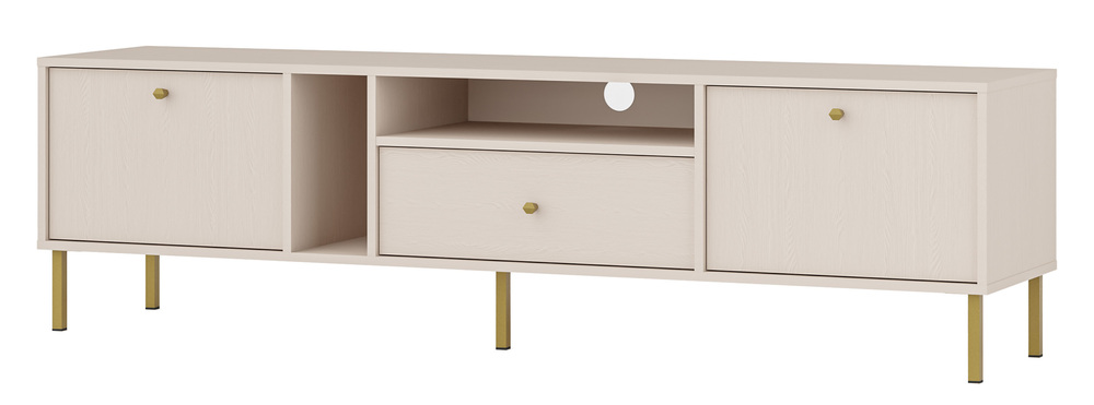 SELSEY Szafka RTV dwudrzwiowa Oktio z półkami i szufladą 180 cm beż piaskowy na złotych nogach