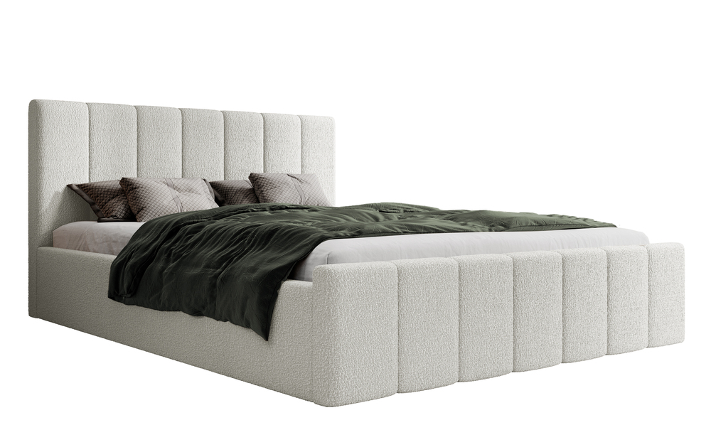 SELSEY Łóżko tapicerowane 160x200 cm Neroma kremowe z pojemnikiem stelaż drewniany boucle nogi czarne