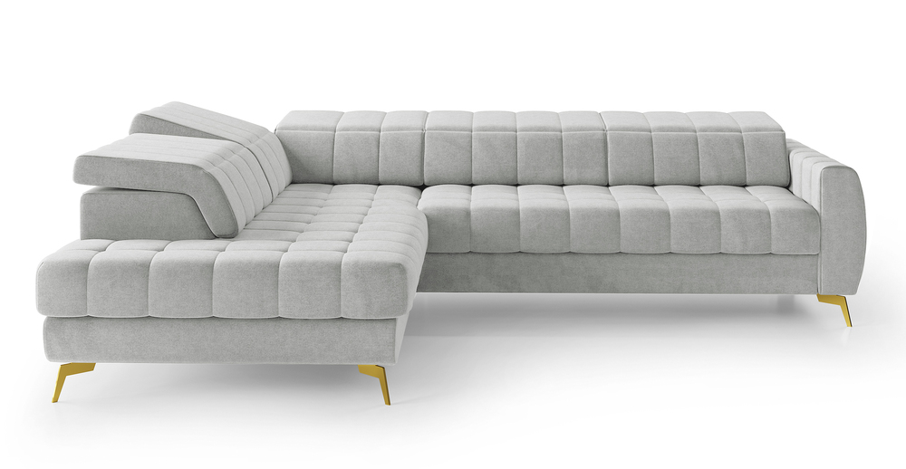 SELSEY Narożnik z funkcją spania Pessi L-kształtny z pojemnikiem i regulowanymi zagłówkami szary welur łatwoczyszczący lewostronny