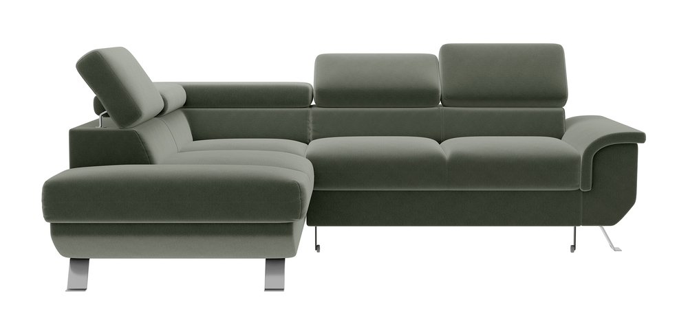 SELSEY Narożnik z funkcją spania Carenero L-kształtny z pojemnikiem i regulowanymi zagłówkami oliwkowy welur hydrofobowy lewostronny