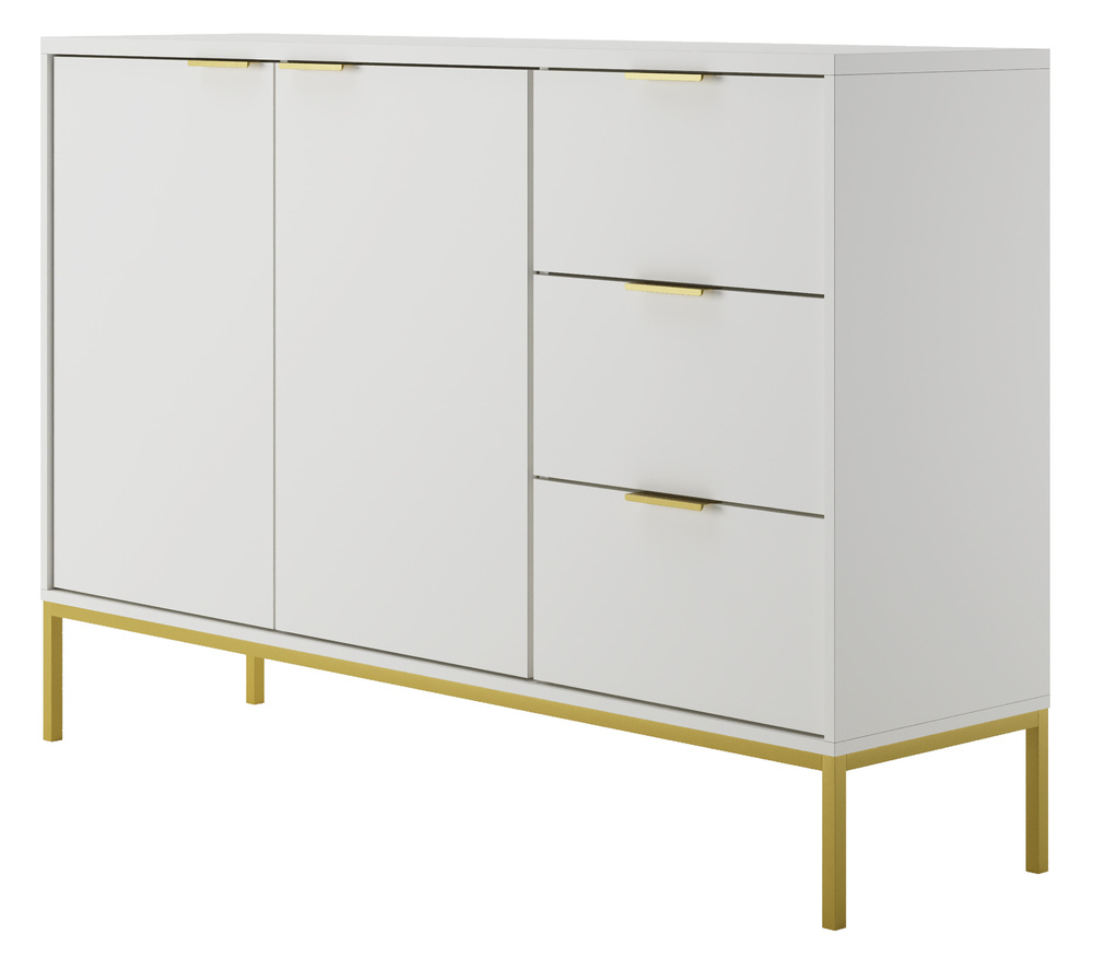 SELSEY Komoda dwudrzwiowa Diargo z trzema szufladami biała na złotym stelażu