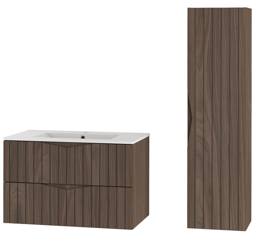 SELSEY Zestaw łazienkowy z umywalką i słupkiem Stella 115 cm ryflowane fronty orzech / czarny mat