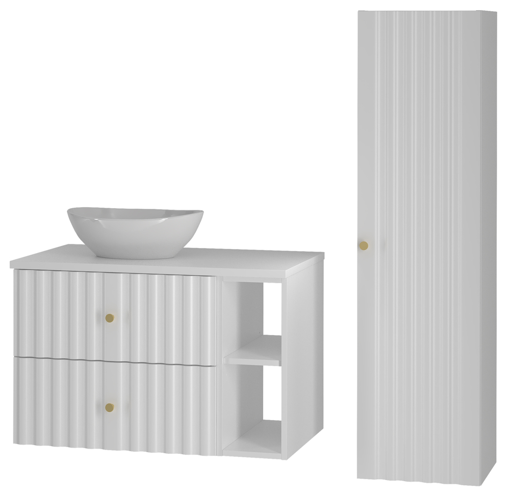 SELSEY Zestaw łazienkowy z umywalką nablatową z półkami i słupkiem Aqua 115 cm ryflowane fronty biały mat