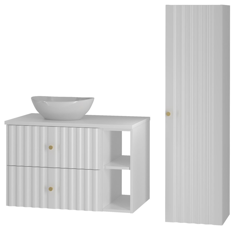 SELSEY Zestaw łazienkowy z umywalką nablatową z półkami i słupkiem Aqua 115 cm ryflowane fronty biały mat