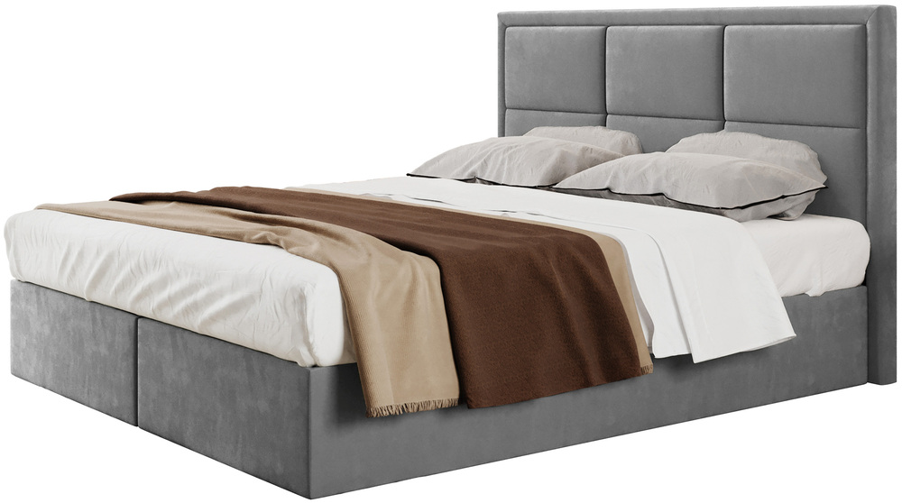 SELSEY Łóżko kontynentalne 140x200 cm Rommano z materacem bonellowym i topperem szare welur