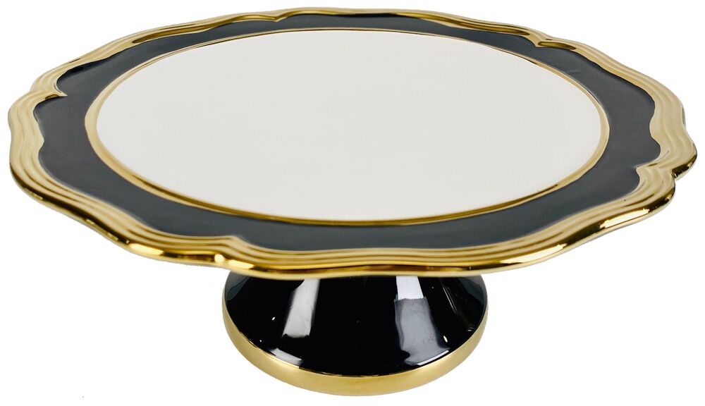 SELSEY Patera Sanclon średnica 28 cm biało-czarna ze złotymi zdobieniami