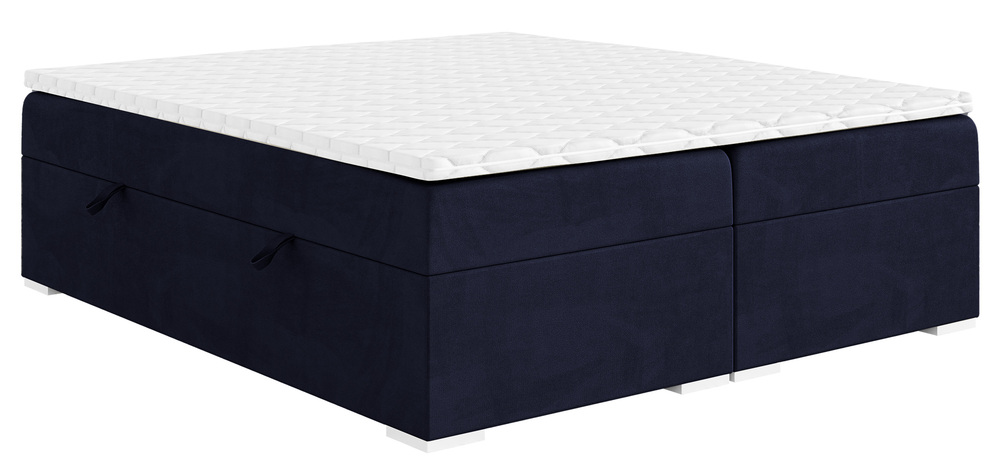 SELSEY Łóżko kontynentalne Baseo wysokie 160x200 cm bez wezgłowia z pojemnikami i topperem granatowe welur hydrofobowy