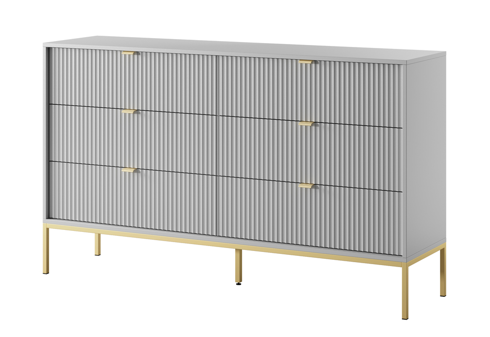 SELSEY Komoda sześcioszufladowa Vellore 154 cm szara z ryflowanymi frontami i złotym stelażem