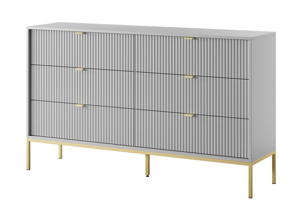 SELSEY Komoda sześcioszufladowa Vellore 154 cm szara z ryflowanymi frontami i złotym stelażem