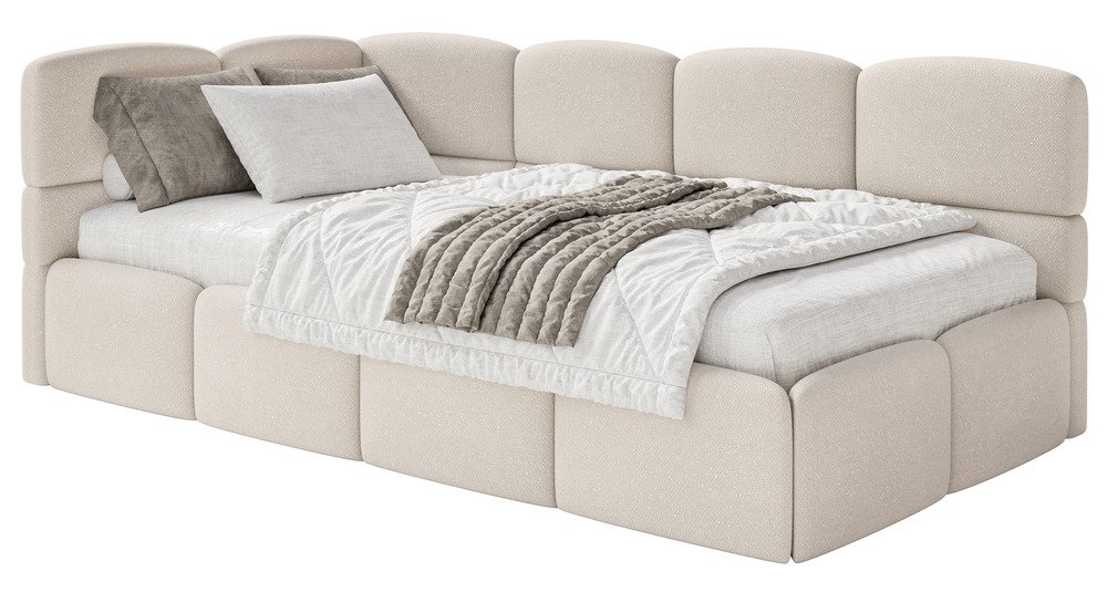 SELSEY Łóżko młodzieżowe 90x200 cm Cloudy lewostronne z materacem i pojemnikiem kremowe szenil