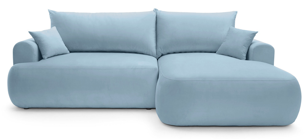 SELSEY Narożnik z funkcją spania Ovo L-kształtny prawostronny z pojemnikiem błękitny welur hydrofobowy