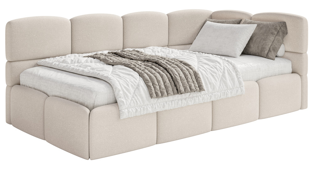 SELSEY Łóżko młodzieżowe 90x200 cm Cloudy prawostronne z pojemnikiem kremowe szenil