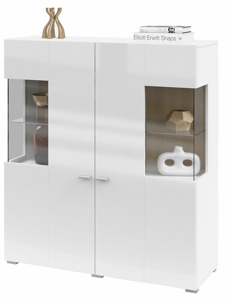 SELSEY Komoda dwudrzwiowa Hartar 110 cm wysoka z witryną biała/dąb wotan