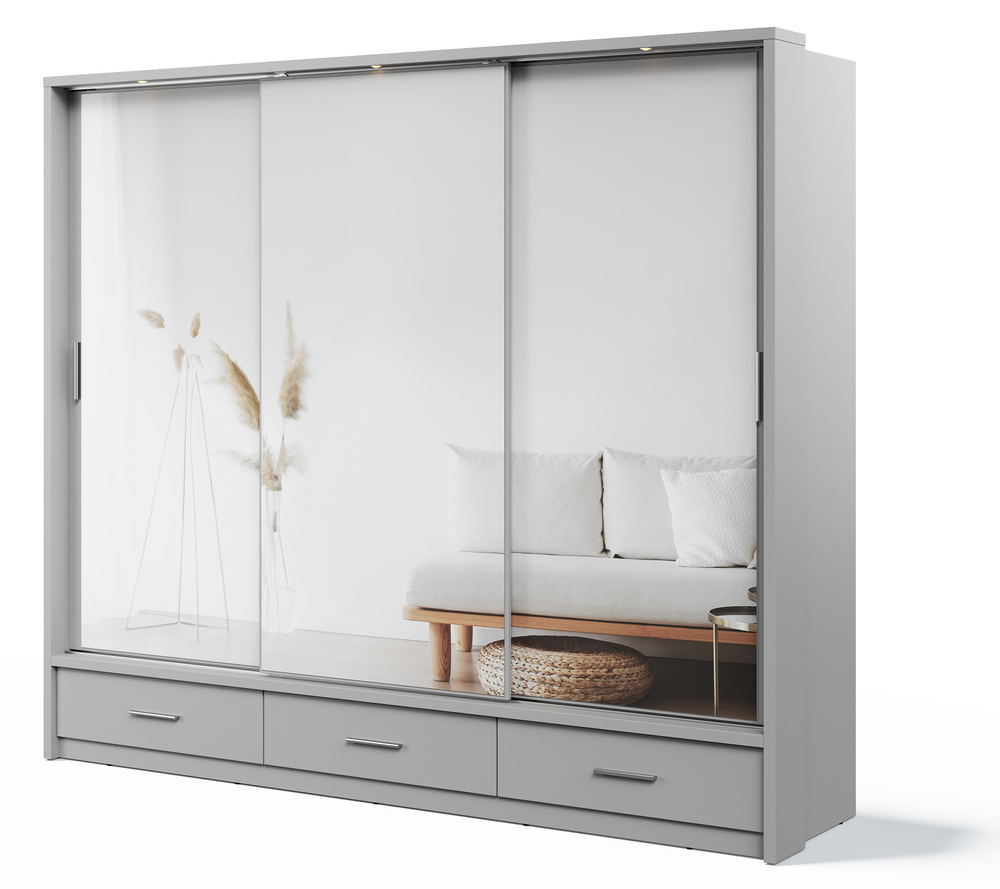 SELSEY Szafa Arti trzydrzwiowa z lustrami i oświetleniem 250 cm szary