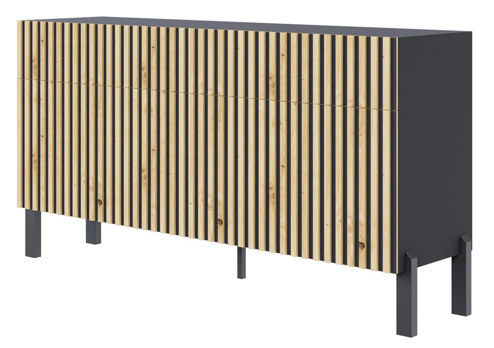 SELSEY Komoda trzydrzwiowa Telire 154 cm z trzema szufladami i lamelowym frontem czarna/dąb artisan