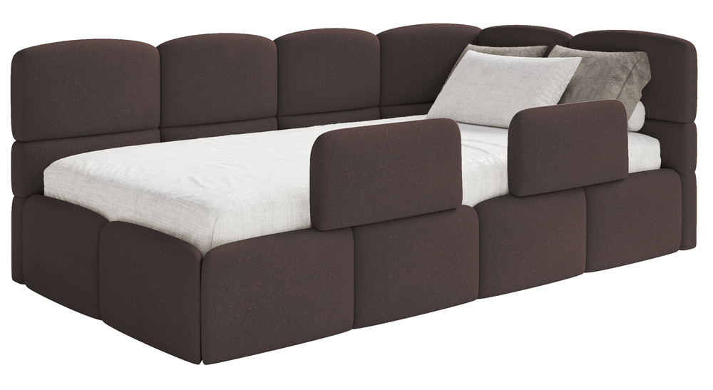 SELSEY Łóżko młodzieżowe 90x200 cm Cloudy prawostronne z materacem pojemnikiem i barierkami brązowe szenil