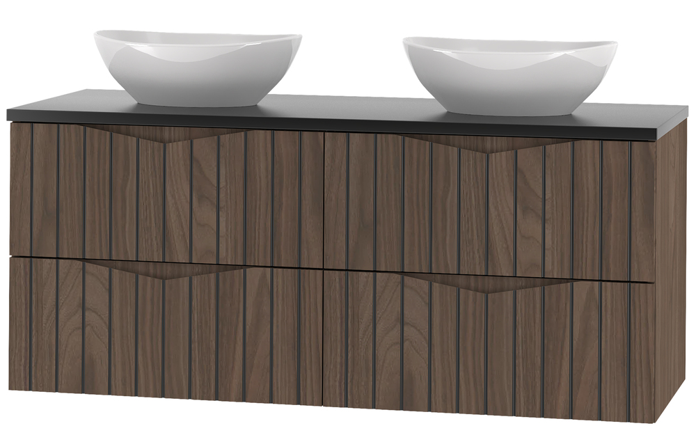 SELSEY Zestaw łazienkowy z dwiema szafkami i dwiema umywalkami nablatowymi Stella 120 cm ryflowane fronty orzech / czarny mat
