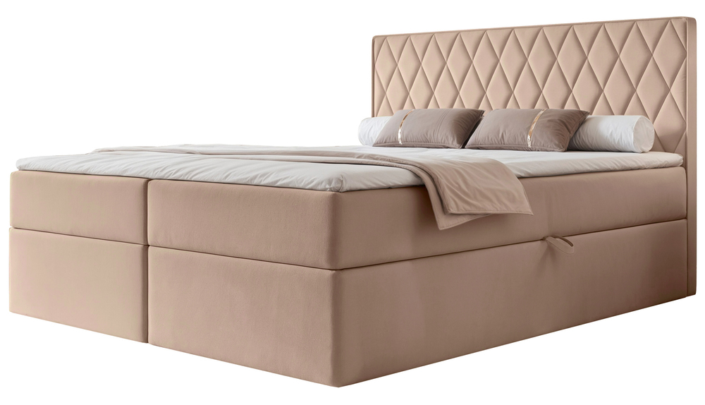 SELSEY Łóżko kontynentalne 140x200 cm Carenzo z materacem bonellowym i topperem beżowe welur hydrofobowy