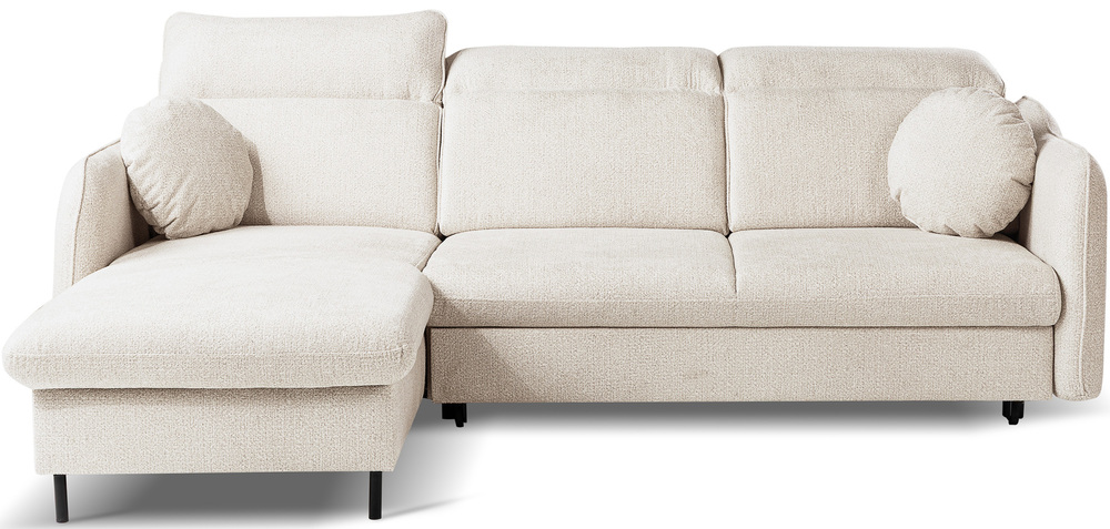 SELSEY Narożnik z funkcją spania Belvo L-kształtny lewostronny z regulowanymi zagłówkami i pojemnikiem kremowy szenil hydrofobowy łatwoczyszczący