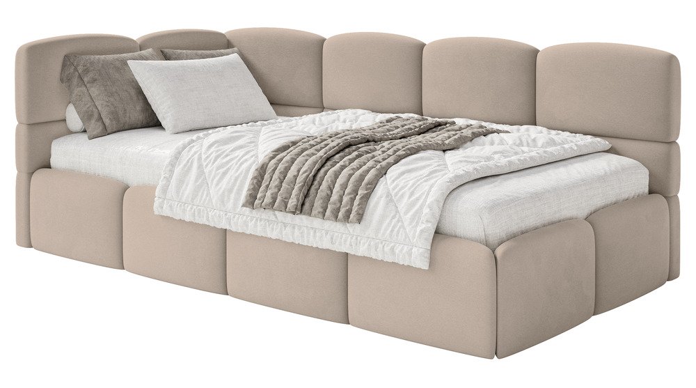 SELSEY Łóżko młodzieżowe 90x200 cm Cloudy lewostronne z pojemnikiem beżowe welur hydrofobowy łatwoczyszczący