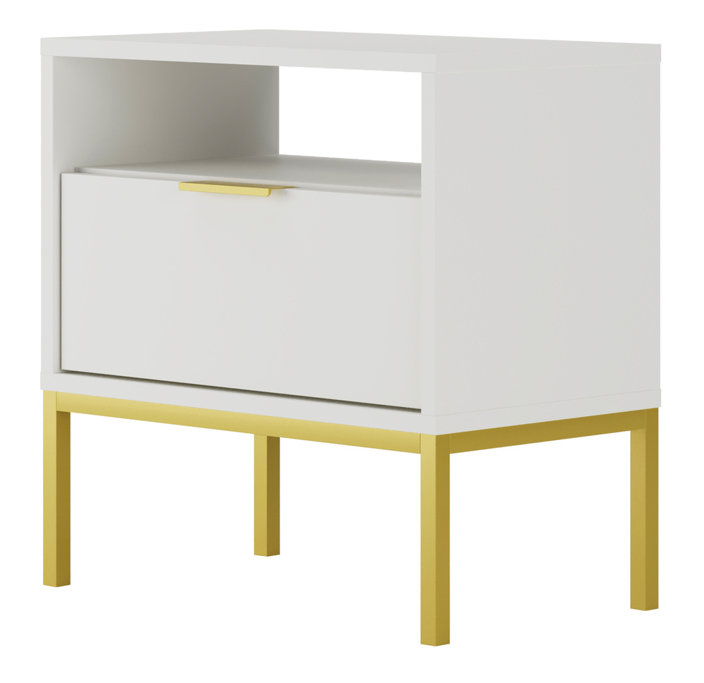 SELSEY Szafka nocna Diargo z szufladą i wnęką biała na złotym stelażu