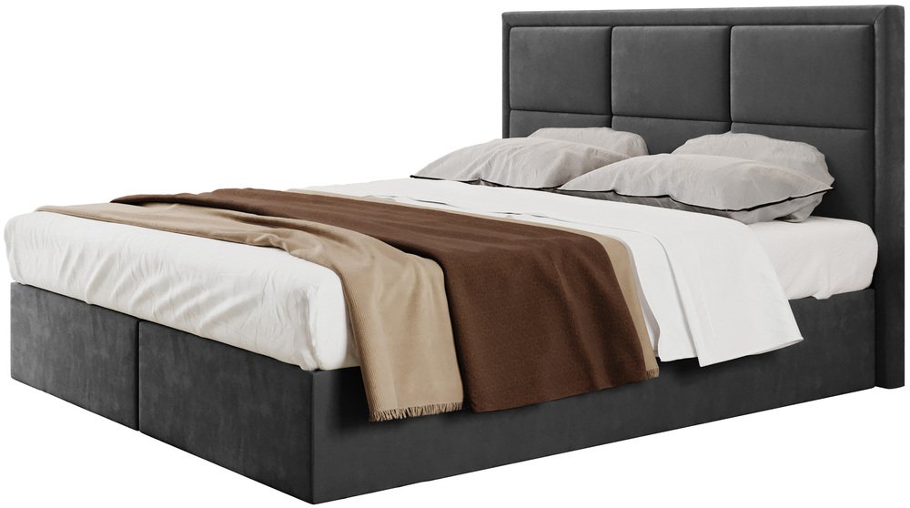 SELSEY Łóżko kontynentalne 140x200 cm Rommano z materacem bonellowym i topperem ciemnoszare welur