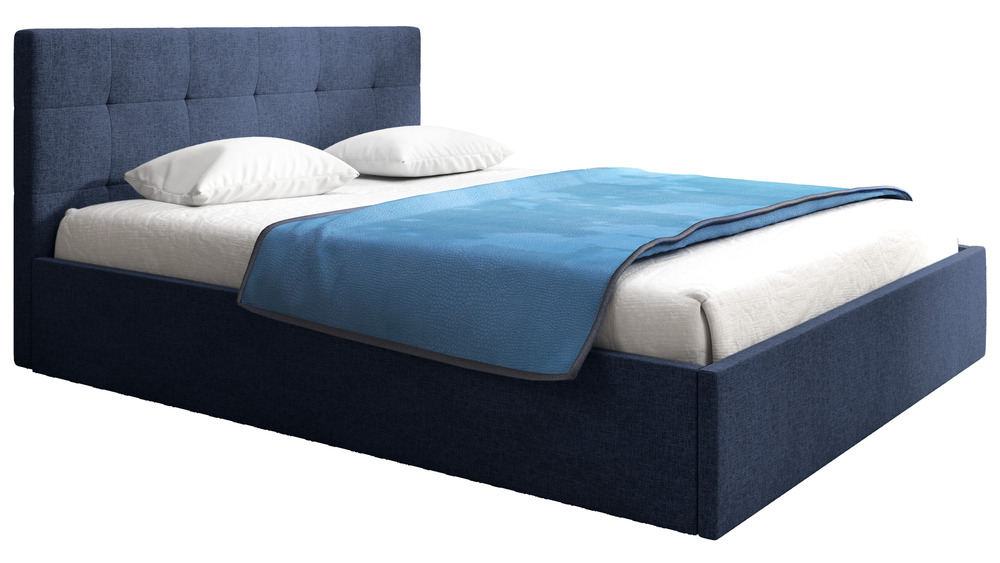 SELSEY Łóżko tapicerowane 180x200 cm Laureno z pojemnikiem na pościel granatowe plecionka stelaż metalowy