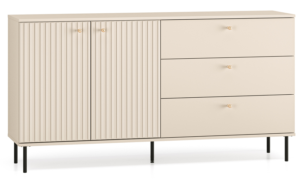 SELSEY Komoda dwudrzwiowa Caletto z trzema szufladami 160 cm ozdobne lamele beżowa