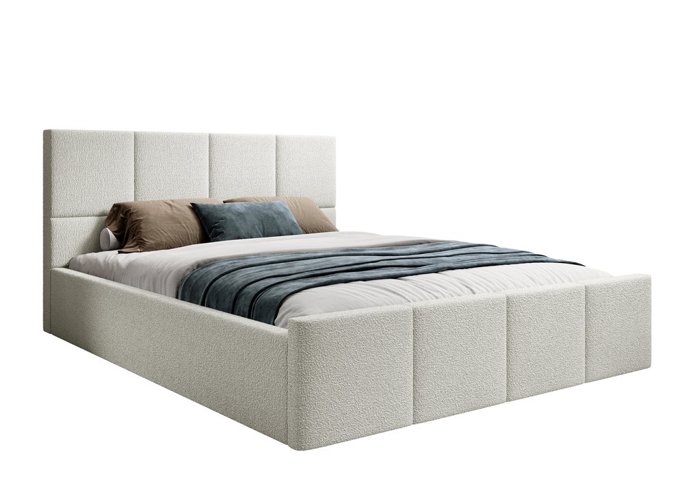 SELSEY Łóżko tapicerowane 160x200 cm Monera kremowe z pojemnikiem stelaż drewniany boucle nogi czarne