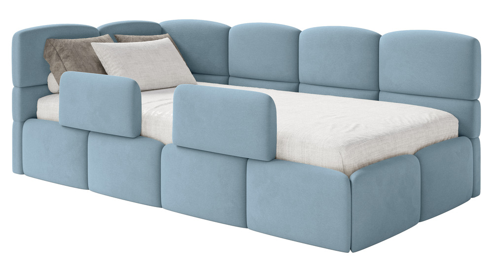 SELSEY Łóżko młodzieżowe 90x200 cm Cloudy lewostronne z materacem pojemnikiem i barierkami błękitne welur hydrofobowy łatwoczyszczący