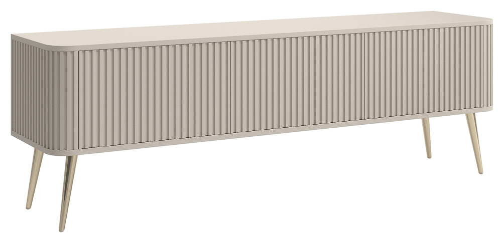 SELSEY Szafka RTV Ovarlo z ryflami trzydrzwiowa 163 cm beż piaskowy ze złotymi nogami