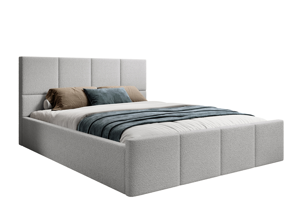 SELSEY Łóżko tapicerowane 160x200 cm Monera szare z pojemnikiem stelaż drewniany boucle nogi czarne