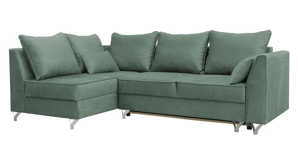 SELSEY Narożnik z funkcją spania Zaria L-kształtny szałwiowy z pojemnikiem welur hydrofobowy lewostronny