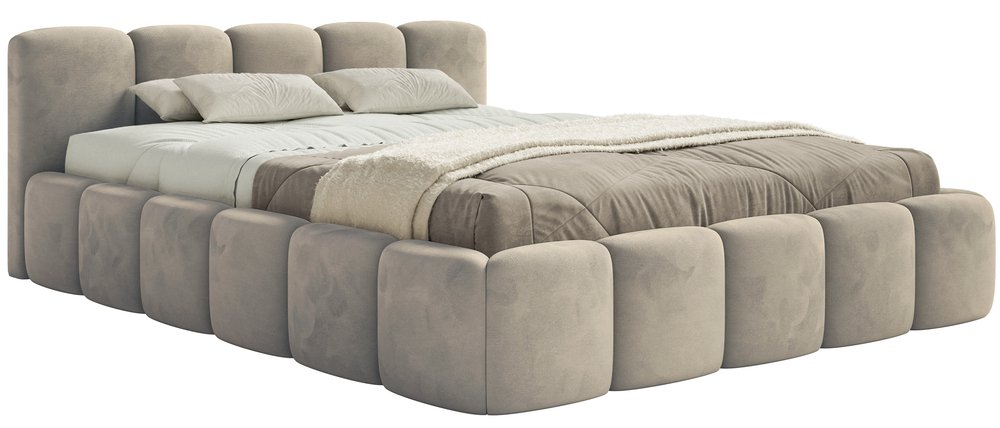 SELSEY Łóżko tapicerowane 160x200 cm Cloudy Low z pojemnikiem szarobeżowe welur hydrofobowy łatwoczyszczący stelaż metalowy