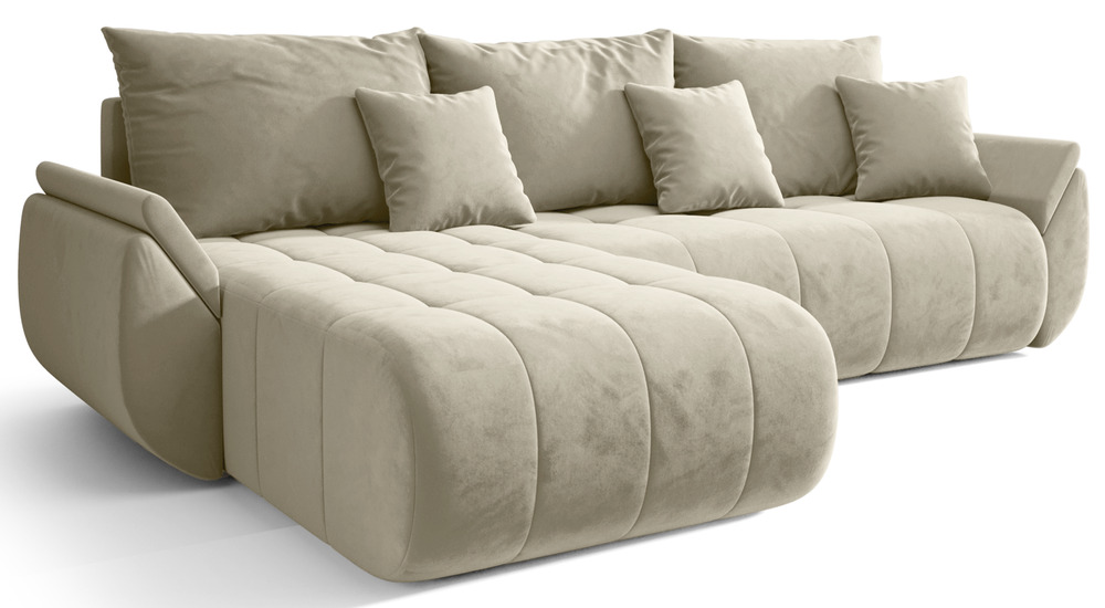 SELSEY Narożnik z funkcją spania Romuldi L-kształtny lewostronny z pojemnikiem kremowy welur hydrofobowy