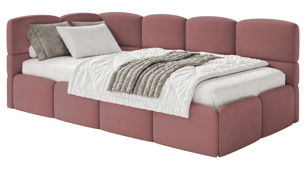 SELSEY Łóżko młodzieżowe 90x200 cm Cloudy lewostronne z materacem i pojemnikiem różowe welur hydrofobowy łatwoczyszczący
