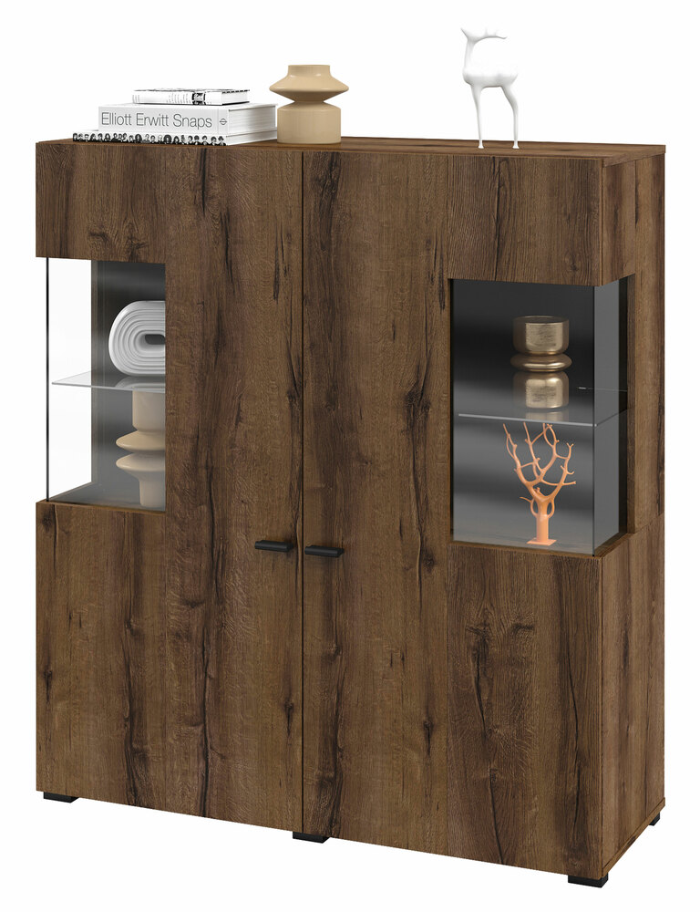 SELSEY Komoda dwudrzwiowa Hartar 110 cm wysoka z witryną dąb monastery/czarny onyks