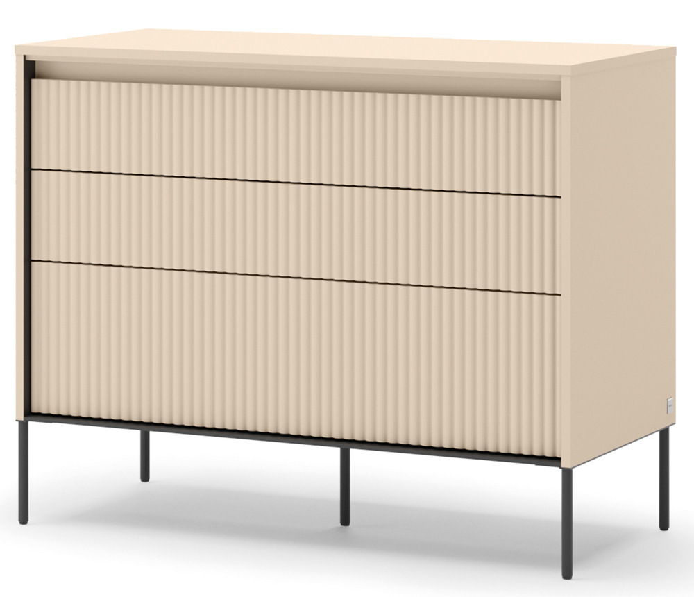 SELSEY Komoda Trend z trzema szufladami i oświetleniem 104 cm ryflowane fronty beż piaskowy / czarny