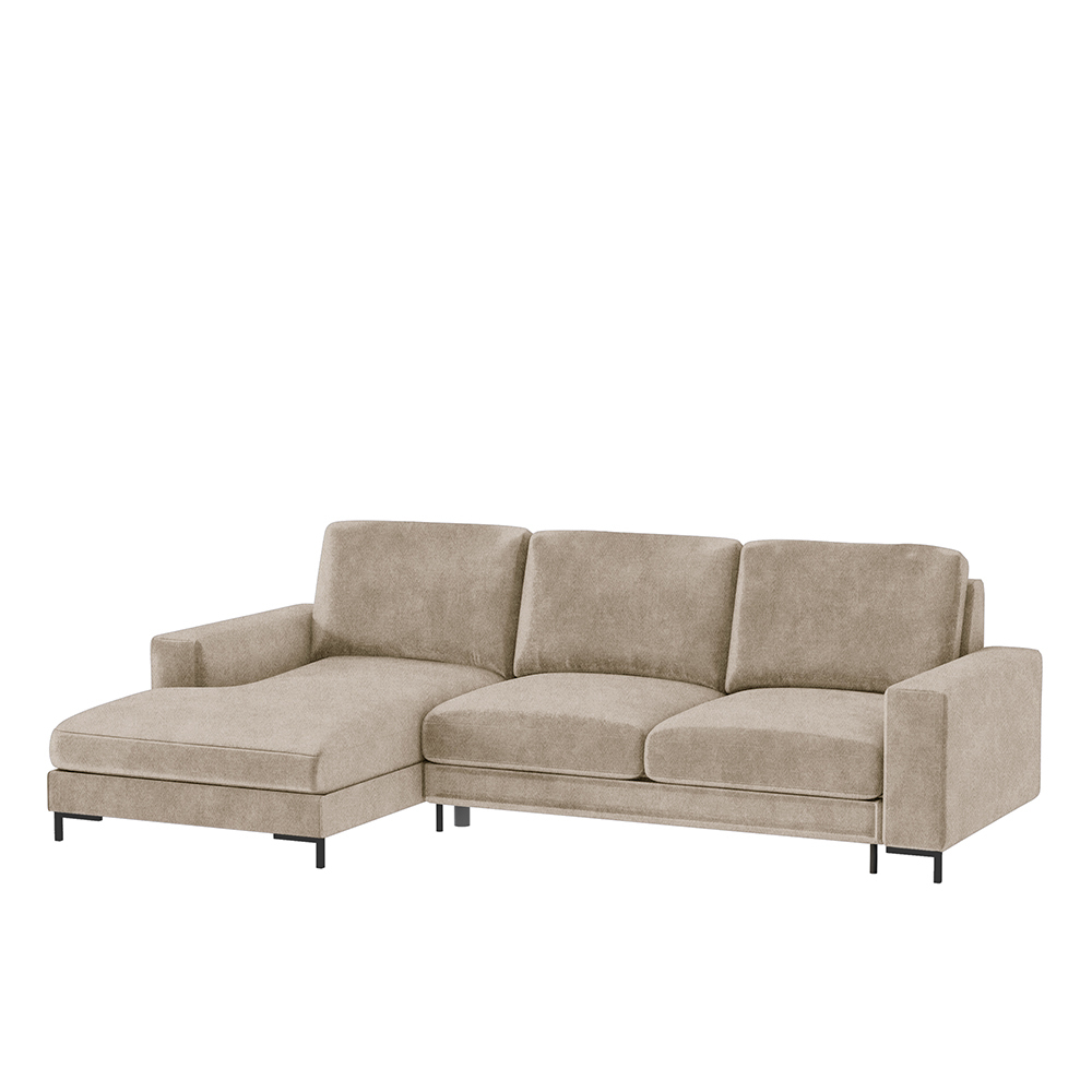 SELSEY Narożnik z funkcją spania Mokpeo L-kształtny z dwoma pojemnikami na czarnych nóżkach beżowy w tkaninie łatwoczyszczącej lewostronny