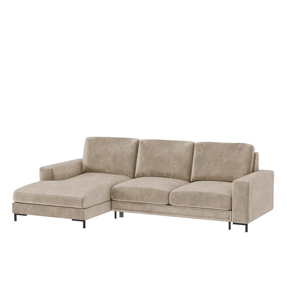 SELSEY Narożnik z funkcją spania Mokpeo L-kształtny z dwoma pojemnikami na czarnych nóżkach beżowy w tkaninie łatwoczyszczącej lewostronny